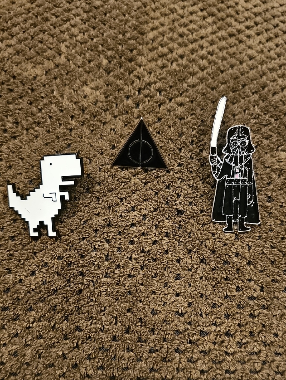 Set of 3 Enamel Pins - White Pixel Dino, Deathly Hallows, Black Darth Vader